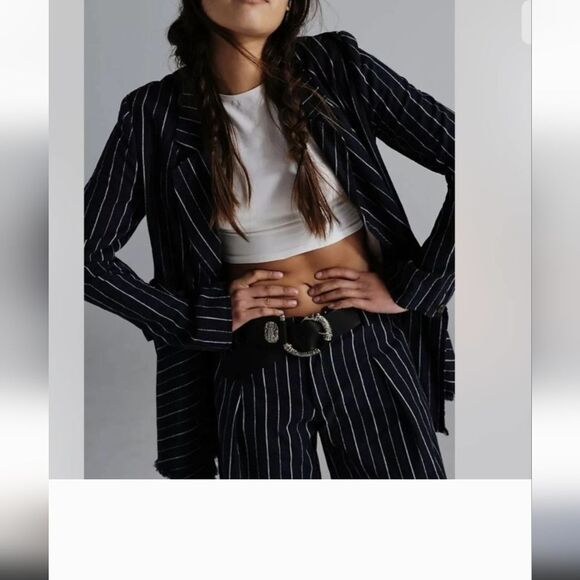 Free people Indigo navy Stella longline striped  double breasted  blazer SMALL - Picture 1 of 12